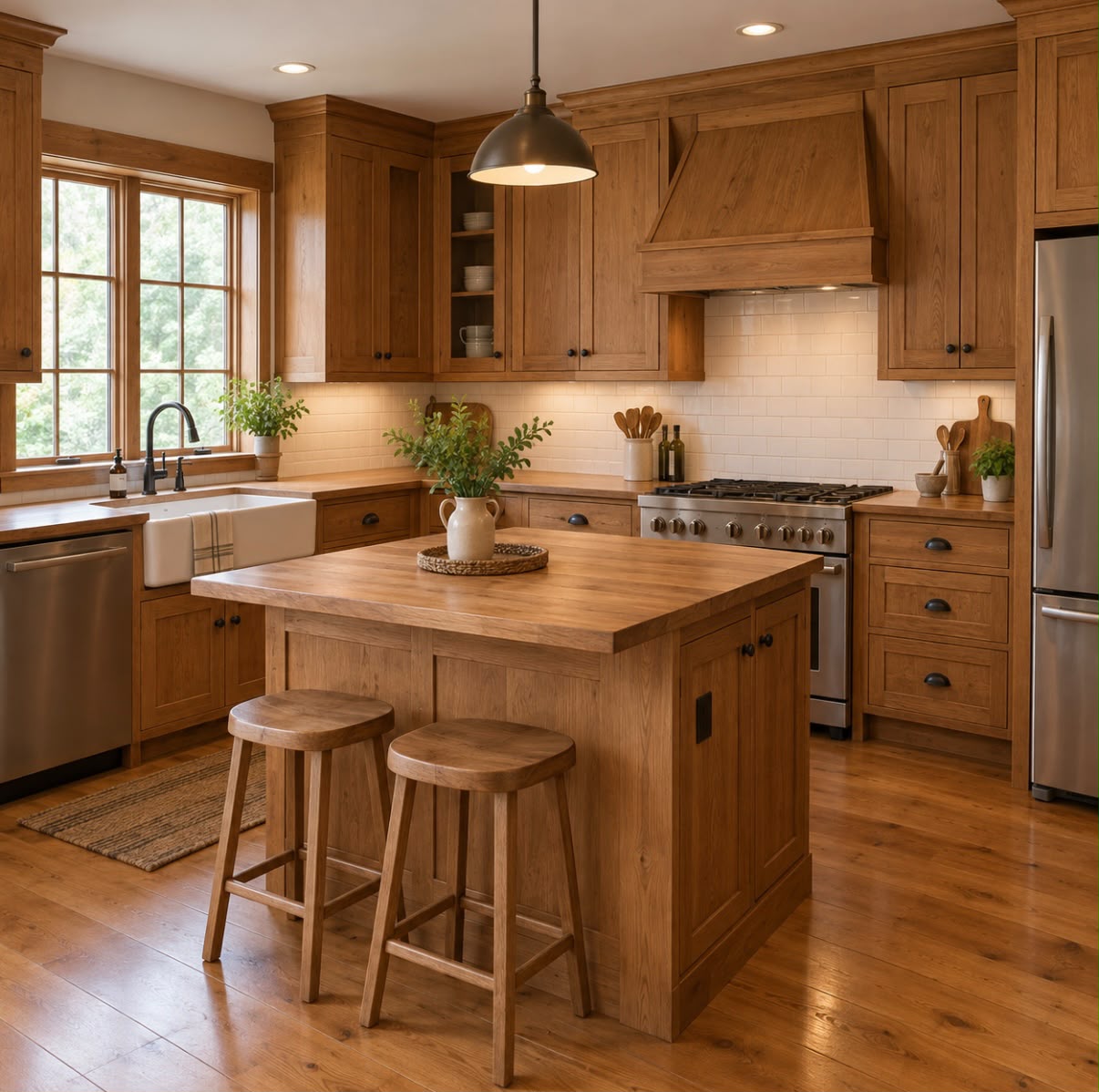 Bespoke oak kitchen cabinetry with a matching timber island and handcrafted stools